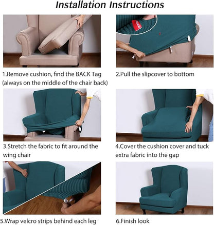Turquoize Wingback Chair Covers 2 Piece Wing Chair Slipcover Stretch Slipcovers - Image 6