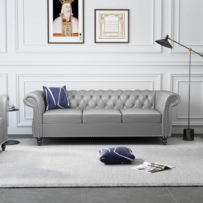 Chesterfield 3 Seater Sofa, Modern Leather Tufted Couch 3 Seater - Image 3