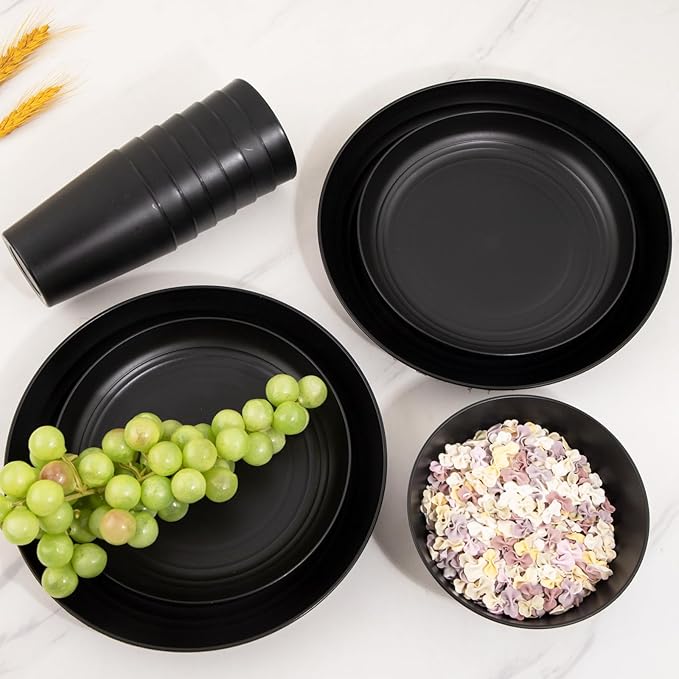 LIYH 48 Pcs Black Wheat Straw Plates and Bowls Dinnerware Set Camping Dish Set for 12, Plastic Plates and Bowls, Dishwasher Safe Dinnerware Sets, Unbreakable Plastic Camper Dishes Sets