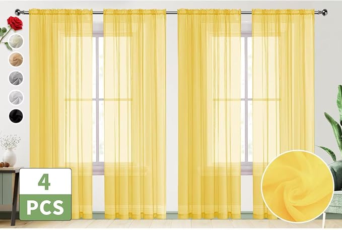 SpaceDresser Yellow Sheer Curtains 4 Panels Rod Pocket Semi-Sheer Curtain 45 - Image 2