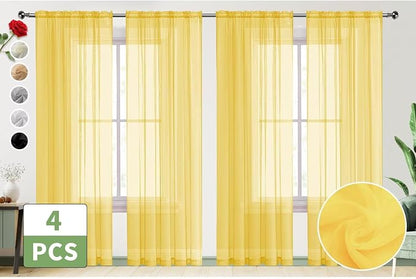 SpaceDresser Yellow Sheer Curtains 4 Panels Rod Pocket Semi-Sheer Curtain 84 - Image 2