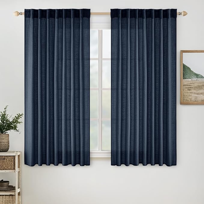 MIULEE Navy Blue Short Linen Curtains 52x45 Inch Long 2 Panels by MIULEE