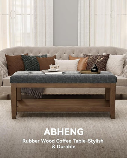 ABHENG Solid Rubber Wood Shoe Bench, Soft Chenille Material Upholstered Seat - Image 4