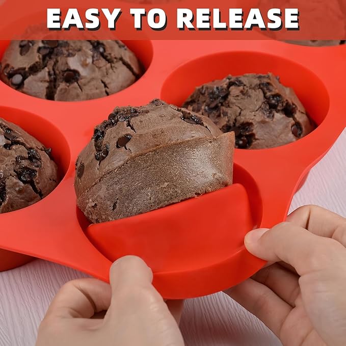 Silicone Jumbo Muffin Pan, 3.5 Inch Silicone Texas Muffin Pan 6 Cup Large Cupcake Pan Nonstick BPA Free 2 Pack Red