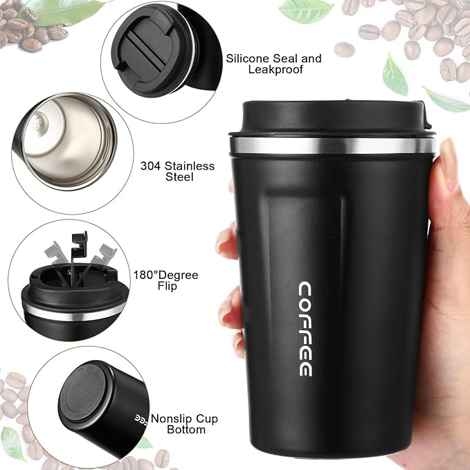 6 Pack Travel Coffee Mugs 12oz Double Wall Insulated Coffee Cups Bulk with Lid Vacuum Stainless Steel Leak Proof Reusable Portable Tumblers for Cold and Hot Drinks(Black, Blue, Green)