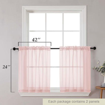 Kitchen Curtains 24 Inch Length Tier 2 Pieces, Blush Sheer Curtain Solid Soft - Image 2