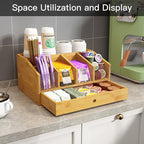 Coffee Station Organizer for Countertop Coffee Condiment Organizer, Office Coffee Station, Small Cute Coffee Bar Organizer – Bamboo & Wooden Storage with Removable Dividers & Drawer