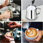 4Pieces Stainless Steel Milk Frothing Pitcher Set, Latte Art Barista Steaming Pitchers Set -Include Milk Frother Cup, Latte Art Pen, Powder Shaker, 5pcs Coffee Decorating Stencils (350ml/11oz)