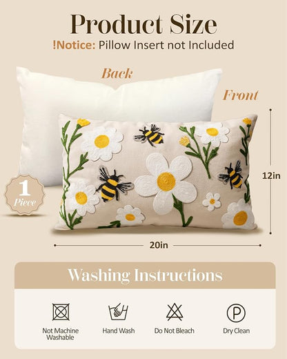 Embroidered Lumbar Pillow Cover 20x12 Inch, Flower Bee | Decorative Throw - Image 4