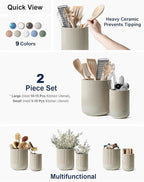 LE TAUCI Utensil Holder, 7.3"+5.4" Ceramic Kitchen Utensil Holder for Countertop, Large Cooking Utensil Crocks for Kitchen Counter, Morden Utensil Organizer for Spatula, Set of 2, Oatmeal Greige