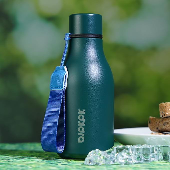 BJPKPK Insulated Water Bottles, 12oz Stainless Steel Metal Water Bottle with Strap, BPA Free Leak Proof Thermos, Mugs, Flasks, Reusable Water Bottle for Sports & Travel, Lake Blue