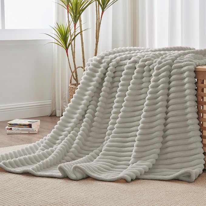 BEDELITE Striped Fleece Throw Blanket, Light Grey, Soft Cozy, Lightweight Warm - Image 2