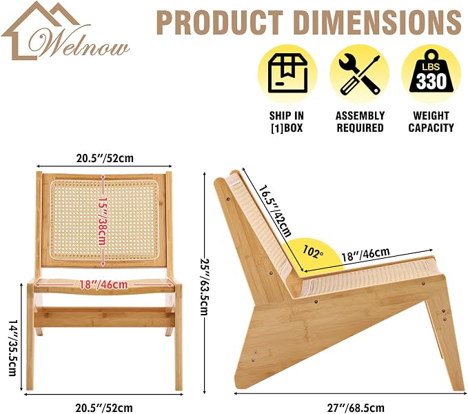 Welnow 2-Pcs Mid Century Rattan Accent Chair, Bamboo Wood Lounge Chair - Image 3