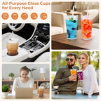 2 Pack 20 Oz Glass Cups with Lids and Straws Iced Coffee Cups Vintage Ribbed Glassware for Beer Ice Coffee Fruit Juice Elegant Aesthetic Cup Glass Iced Coffee Tumbler Include 1 Cleaning Brushes
