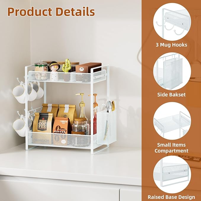 VITVITI Coffee Bar Organizer with Mug Holder, Metal Coffee Station Organizer for Countertop, 2 Tier Cup Mug Holders Rack with Basket for Kitchen Office, Black