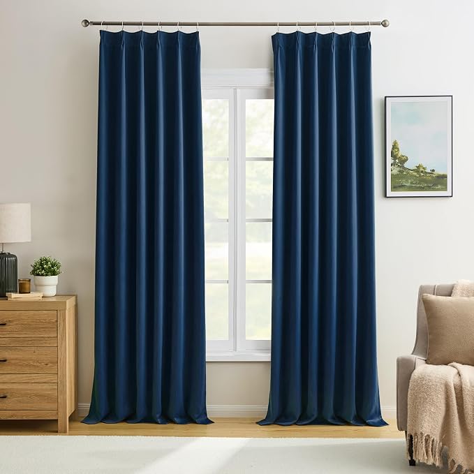 Pinch Pleated Curtains 104 Inches Long 2 Panels Set, Dark Indigo Blue Drapes by KEQIAOSUOCAI