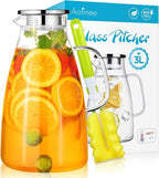 Aofmee 100 Oz Glass Pitcher, 3L Water Pitcher with Lid, Iced Tea Jar with 304 Stainless Steel Lid and Spout, Heat Resistant Jug for Sun Tea, Water Carafe for Cold or Hot Beverage Serveware Juice