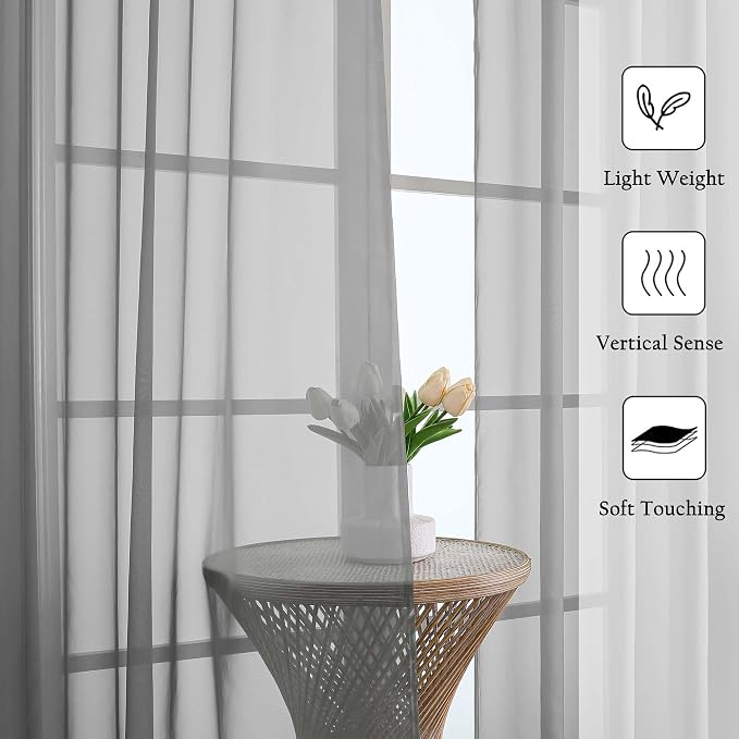 Charcoal Grey Sheer Curtains for Bedroom 84 Inches Long 2 Pcs, Light Filtering - Image 2