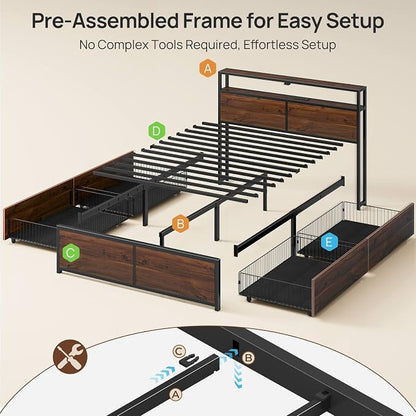 Rolanstar Queen Bed Frame with 4 Storage Drawers, Charging Station and LED - Image 3
