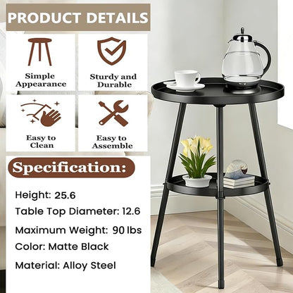 Side Table 2-Tier Small Round End Table Metal Black Accent Table - Image 7