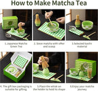 7pcs Traditional Matcha Tea Ceremony Set, green Ceramic Bowl with Bamboo Whisk, Holder and Strainer (Green grid) Elegant Matcha Set for Gifting and Personal Use, Gift Box Packaging