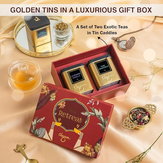 CHAYAM Floral Tea Set | Wellness Herbal Tea Gift Box – Lavender Vanilla (50g) & Pure Chamomile (30g) | Hamper for Mom, Friends & Family | Gift Set Combo