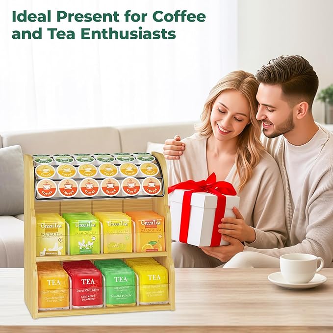 EsLuker.ly Tea Bag Holder Coffee Pod Organizer for Countertop Cabinet, Bamboo 3 Tier Teabag Packet Display Shelf and K Cups Rack Stand for Tea Bar & Coffee Station Storage, Save Space Elegantly