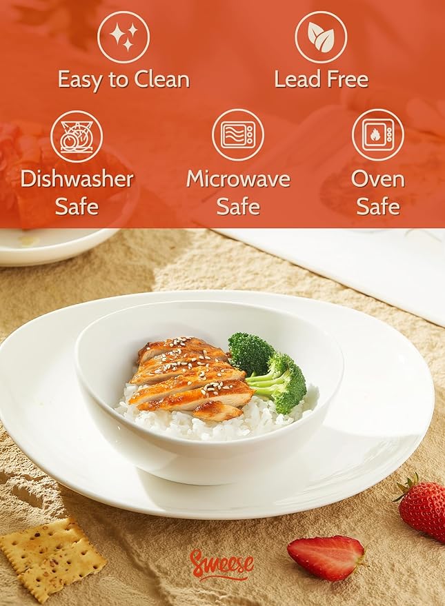 Sweese 18 oz Medium White Porcelain Bowls - Set of 6 Cereal, Soup, Rice & Salad Bowls, Ceramic Serving Bowls for Everyday Use