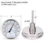 MEASUREMAN Fully Stainless Steel Pot, Kettle, Brewing Bimetal Dial Thermometer, 3" Dial, 2-1/2" Stem, -40-160 deg F/-40-70 deg C, -1% Accuracy, Adjustable, 1/2" NPT Back Mount