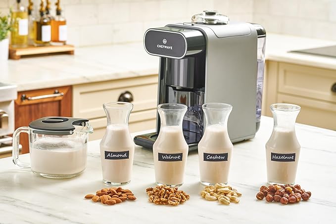 ChefWave Milkmade Non-Dairy Milk Maker – 6-in-1 Vegan Plant-Based Milk Machine with Auto Clean, Delay Start & Glass Pitcher – Almond, Oat, Soy, Cashew, Coconut, Macadamia Milk Maker & Nut Platter