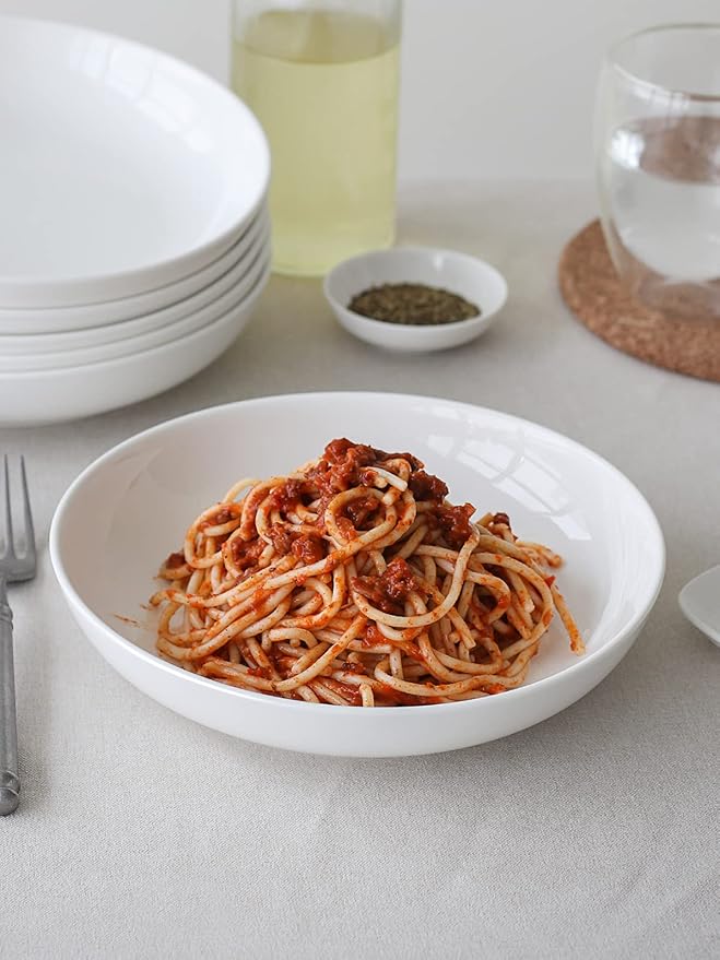 DOWAN 8.5" Pasta Bowls Set of 4, 30oz White Ceramic Shallow Dinner Bowls for Salad, Soup & Pasta, Stackable and Easy to Clean, Ideal for Everyday Use & Housewarming Gift(Soft White)