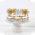 40 PCS Foil Firework Cupcake Toppers Sparkle Tinsel Cupcakae Picks Foil Firework Party Decorations Cocktail Fruit Toothpick for Fireworks Theme Birthday Wedding Graduation Party Decoration Gold Silver