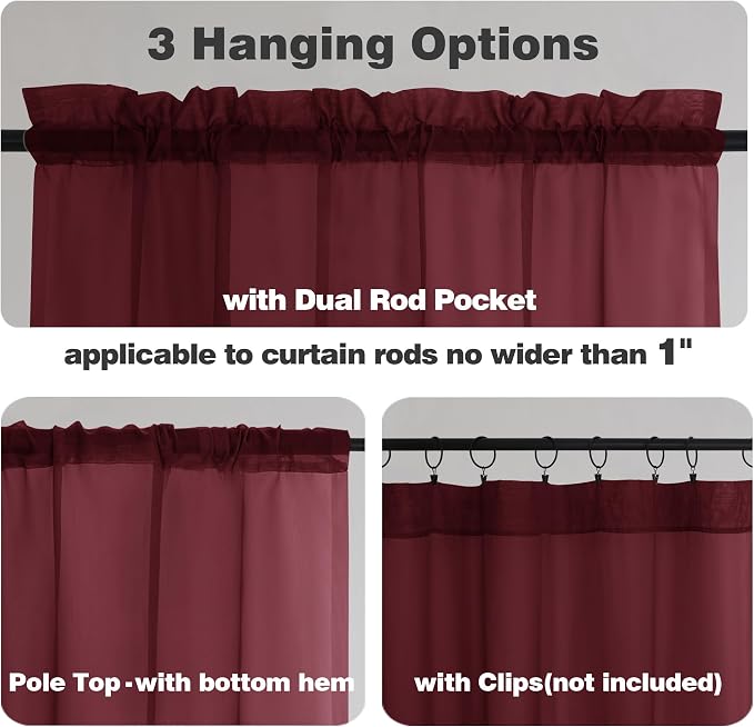 Chyhomenyc Burgundy Sheer Curtains 78 Inches Long 2 Panels Set - Image 2