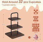 Cupcake Stand, 3-Tier Dessert Stand for 32 Cupcakes, Wood & Metal Tower Display Premium Holder Dessert Tree Tower for Wedding Graduation Birthday Christmas Party, Serving Tray