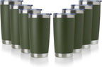 DOMICARE 20oz Stainless Steel Tumbler Bulk with Lid, Double Wall Vacuum Insulated Travel Mug, Powder Coated Coffee Cup, Army Green, 8 Pack