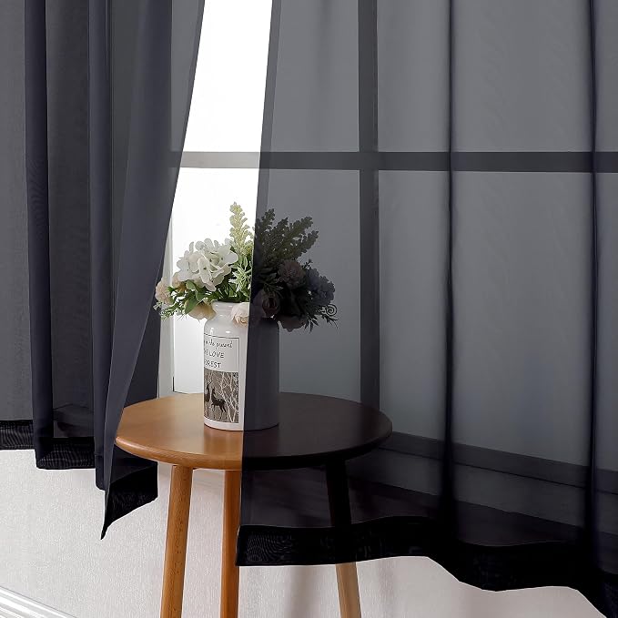 Black Sheer Curtains 45 Inch Long 2 Panels, Short Voile Drapes - Image 6