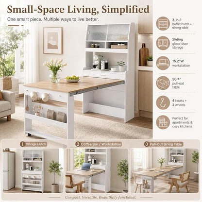 Kitchen Storage Cabinet with Hutch and Extendable Dining Table, 33.5" - Image 5