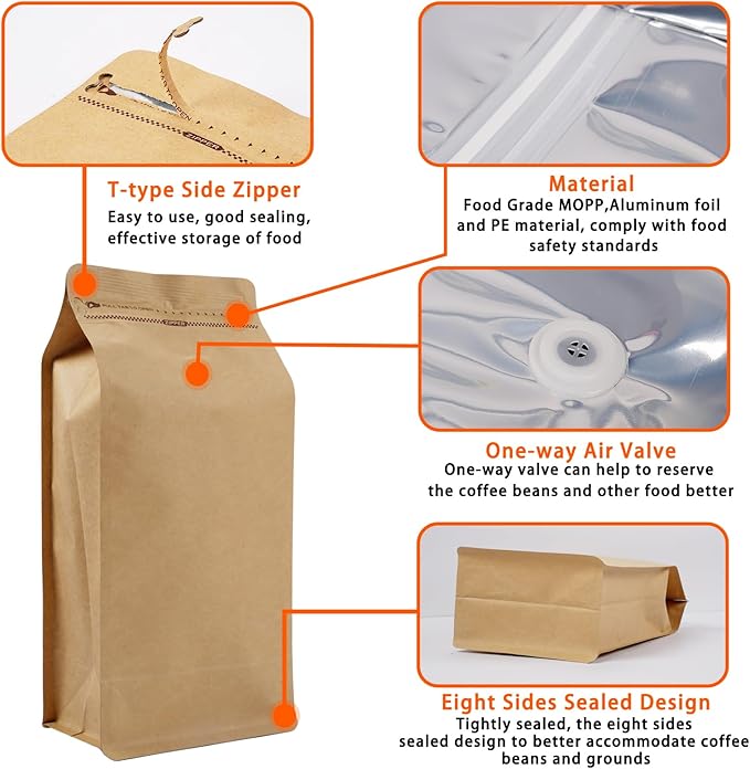 Coffee Bags with Valve (50 PCS,8oz/0.5lb) Kraft Paper High Barrier Aluminum Foil Flat Bottom Standing Coffee Beans Storage Packaging Bags,Reusable Heat Seal Side Zipper Pouches for Small Business&Home