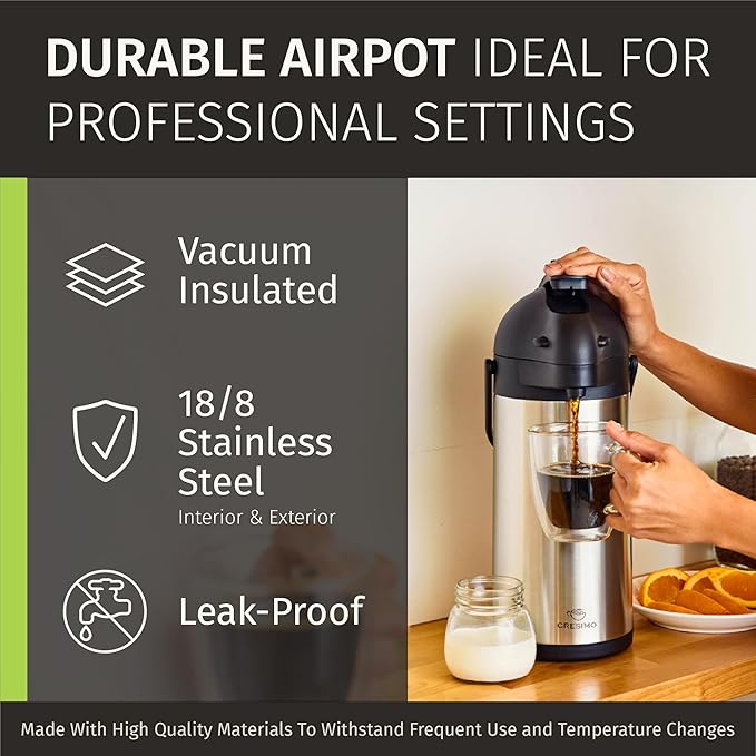 Coffee Carafe Airpot & Cleaning Brush - 101oz / 3L Airpot 12 Hours Hot Water Dispenser or 36 Hours Cold Drink Dispenser with Pump - Easy Dispensing Coffee Carafes for Keeping Hot Extra Large - Cresimo