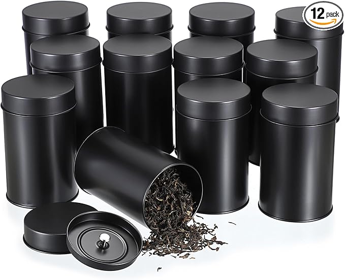 JUXYES 12 Pack Tea Tins Canister with Airtight Double Lids, 16 oz Loose Leaf Tea Storage Airtight Kitchen Canisters Tins Can Box for Storage Loose Tea Coffee Herbs and Spices, Black