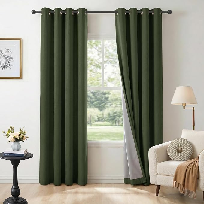 100% Blackout Linen Textured Curtains 90 Inch Long, Loden | 100% Blackout Shield by 100BlackoutShield