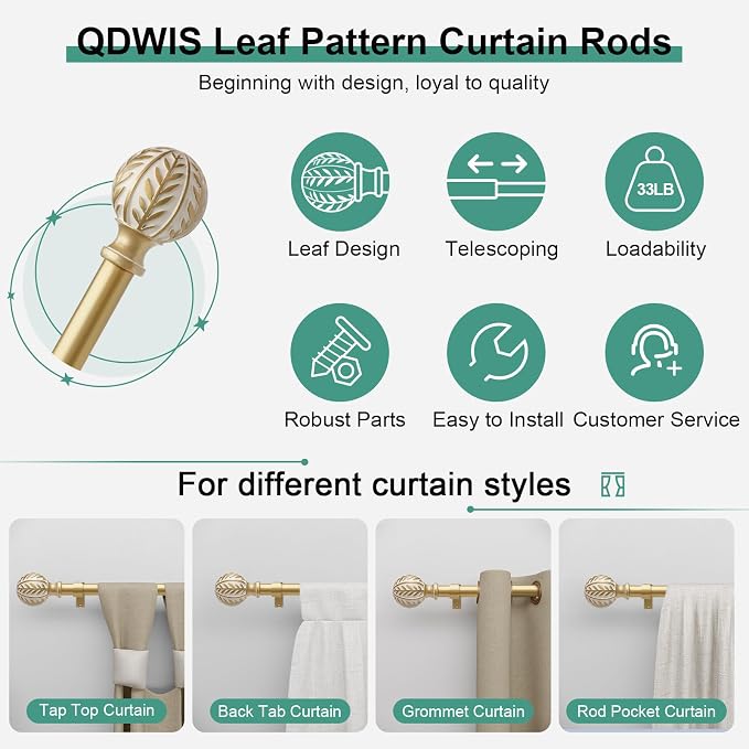 QDWIS Gold Curtain Rods for Windows 72 to 144 inch, Rustic Decorative Drapery - Image 6