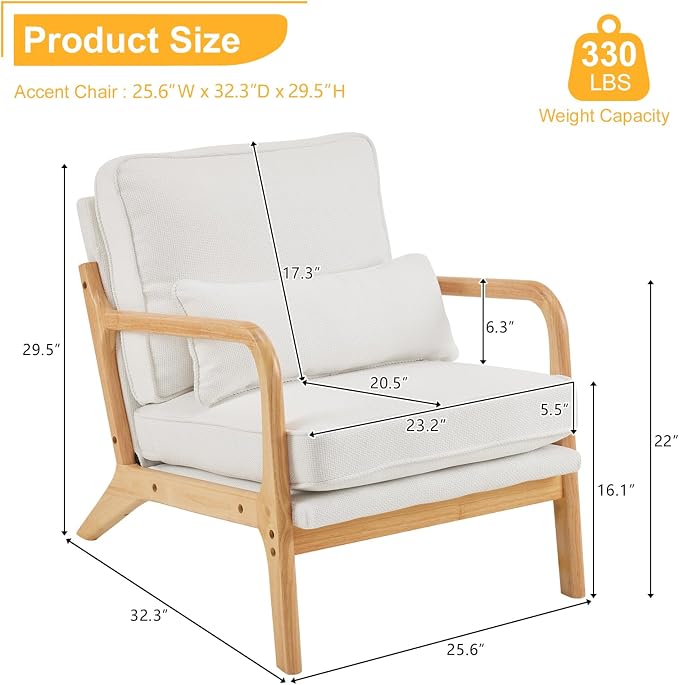 VINGLI Coarse Linen Beige Comfy Accent Chair, Mid Century Modern Lounge Armchair - Image 2
