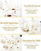 DUJUST 22 pcs White Porcelain Tea Set for 6, Luxury British Style Tea/Coffee Cup Set with Golden Trim, Beautiful Tea Set for Women, Tea Party Set, Gift Package (With a Stand)