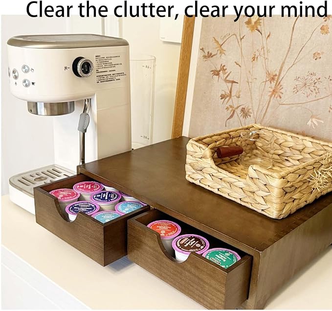 Wooden Coffee Pod Organizer with 4 Anti-Slip Feet, Elevated Coffee Pod Storage Box, Tea & Coffee Capsule Holder, 30 Pod Capacity with Drawer for Moisture Protection