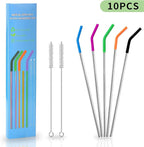 Lazycorner 10 Pcs Metal Straw Reusable 8.5" 6mm Stainless Steel Straws,20oz-32oz, Silver Drinking Straws with Silicone Tips, 4 Straw Cleaner Brush, 1 Travel Case