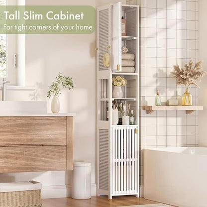 Amazer White Bathroom Storage Cabinet 70'', Bamboo Slim Storage Cabinet - Image 5