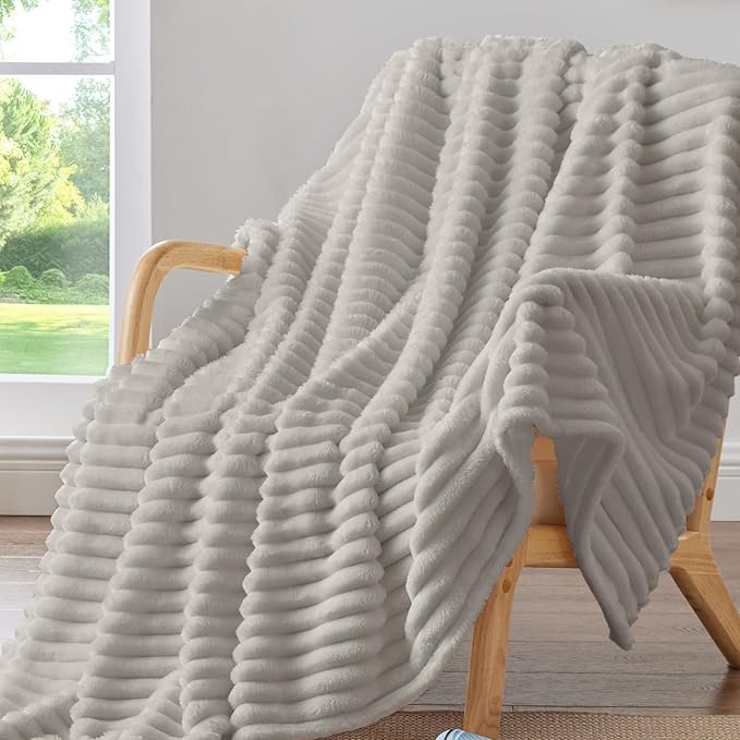 BEDELITE Striped Fleece Throw Blanket, Light Grey, Soft Cozy, Lightweight Warm by BEDELITE