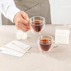 Restaurantware-Forma Professional 5.1 Ounce Glass Coffee Cups, 2 Insulated Coffee Cups With Handle - Dishwashable, Reusable, Clear Double Wall Beverage Tumblers, Freezable, For Hot Or Cold Beverages