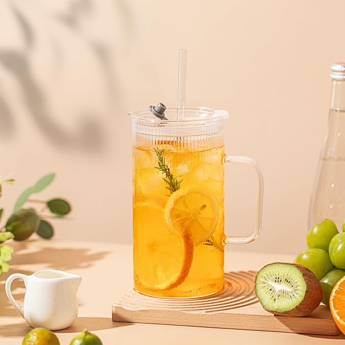 26oz Large Ribbed Glass Tumbler with Handle and Lid - Set of 2, Clear Glass Cups with Reusable Straws, Vertical Striped Design - Perfect for Iced Coffee, Tea, Smoothies, and Cocktails